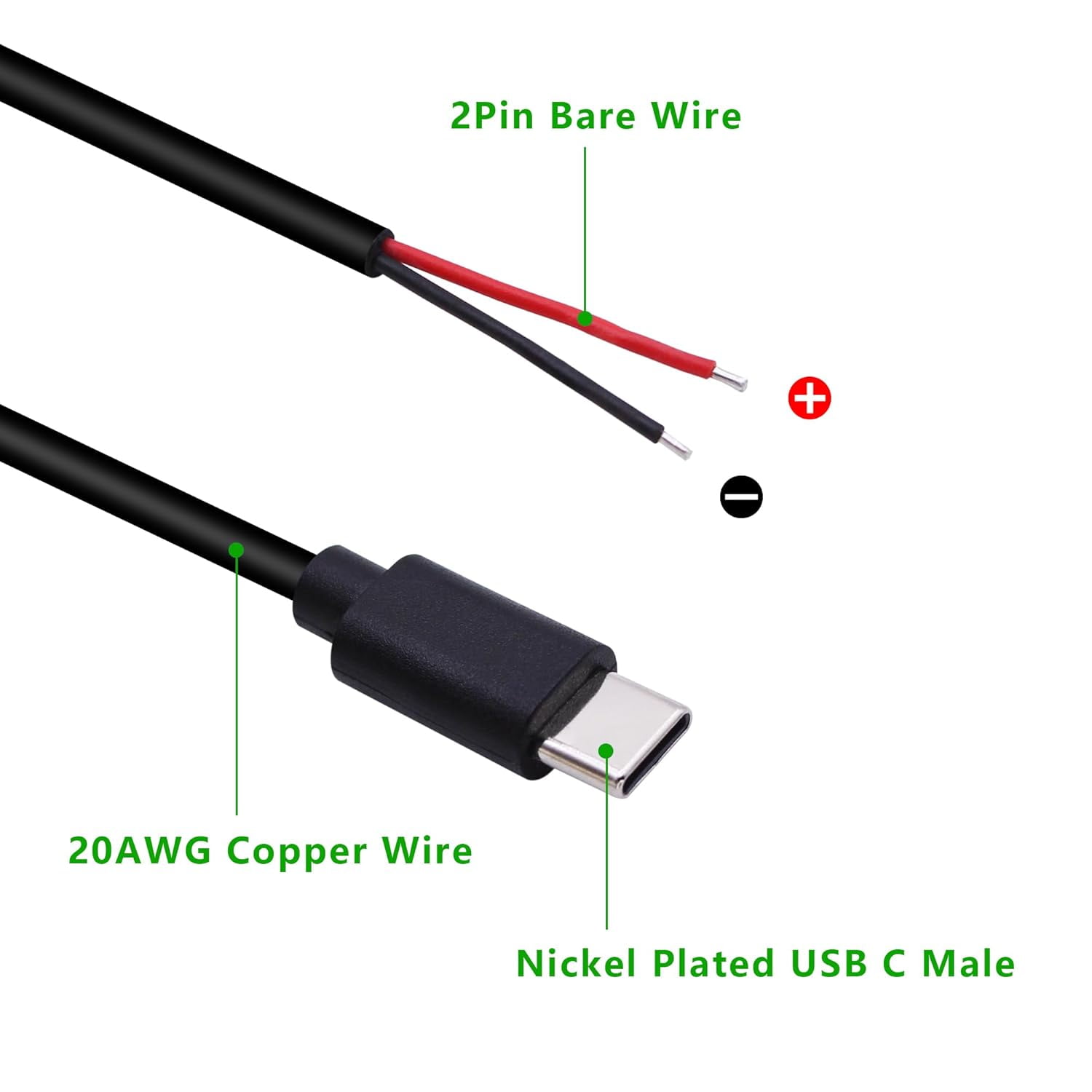 USB Type C Male Pigtail Cable - 5V 2A Power Cable With Bare Wire Ends For DIY Projects