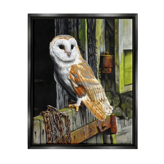 Stupell Industries Owl Perched on Barn Door Animals & Insects Painting Black Floater Framed Art Print Wall Art, 17 x 21