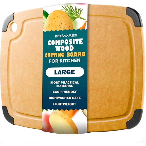 Dishwasher Safe Cutting Board - Large Composite Wood Cutting Board with Non-Slip Feet & Juice Groove, Thin Lightweight Chopping Board for Kitchen (14.5” x 11”, Natural)