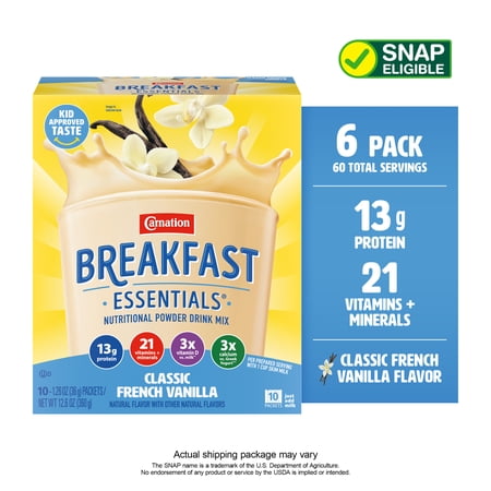 (6 pack) Carnation Breakfast Essentials Powder Protein Nutritional Shake Drink Mix Packets, Classic French Vanilla Breakfast Shake, 10 Count