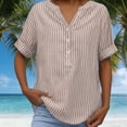 thumbnail image 5 of Otvok Plus Size Women's Cotton Linen Shirts Casual Comfortable Striped Print Short Sleeve V-Neck Summer Blouse, 5 of 7