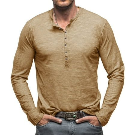 

KDJ Men Long Sleeve Henley Grandad Shirt Collar Tops Blouse Button Up Muscle Shirts