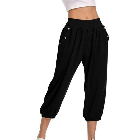 Women Capri Pants On ! Cagogo Ladies Summer Capri Pants Loose Fit Casual Lightweight Yoga Capris Stretch Plus Size Elastic Waist Trendy Lounge Cropped Pants