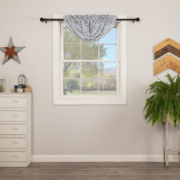 VHC Brands Sawyer Mill Plaid Cotton Farmhouse Kitchen Curtains Rod Pocket Balloon Valance, Blue
