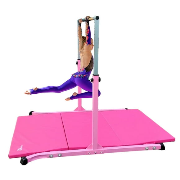 GymPro Gymnastics Bar Kip Bar for Kids with 6'x4' Mat, Adjustable Height 3 to 5 FT, Junior Gymnastic Bar for Home, Horizontal Training Bar for Gymnasts, Expandable for Children and Adults, Pink