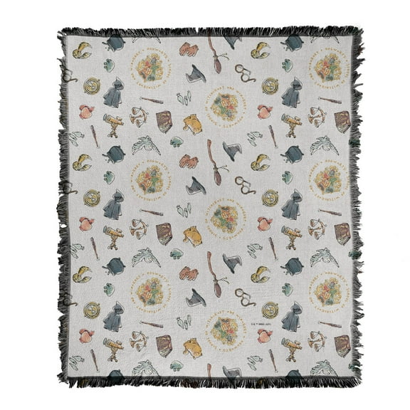 Harry Potter Blanket, 50'x60' Whimsical Icons Woven Tapestry Cotton Blend Fringed Throw