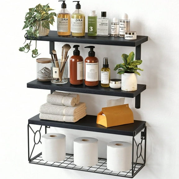 JQDWMDLX Bathroom Shelves Over Toilet with Storage Basket, Floating Wall Shelves for Home Organization & Wall Decor, Bathroom/Kitchen/Living Room Shelves - Black