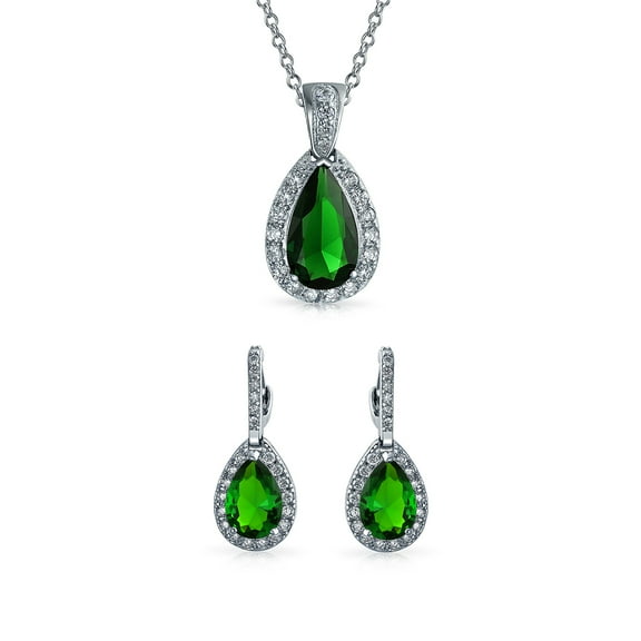 Bling Jewelry Womens Solitaire Teardrop Halo Green CZ Pendant Necklace Earrings Jewelry Set