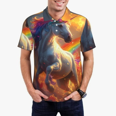 Goofa Rainbow Sunset Cloud White Horse Print Mens Polo Shirts Quick Dry Short Sleeve Golf T Shirt Performance Moisture Wicking Casual Workout-4X-Large