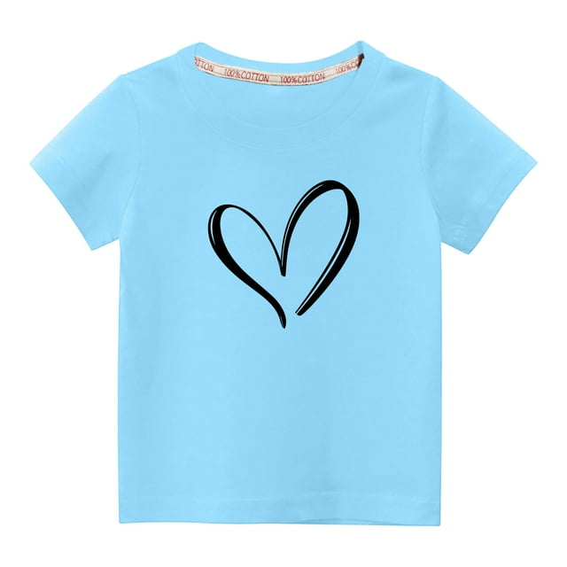 Penkiiy T-shirt en Coton pour Tout-Petits Garçons Filles Mode Mignon Col Rond Imprimé Saint-Valentin Manches Courtes 3-4 Ans Bleu