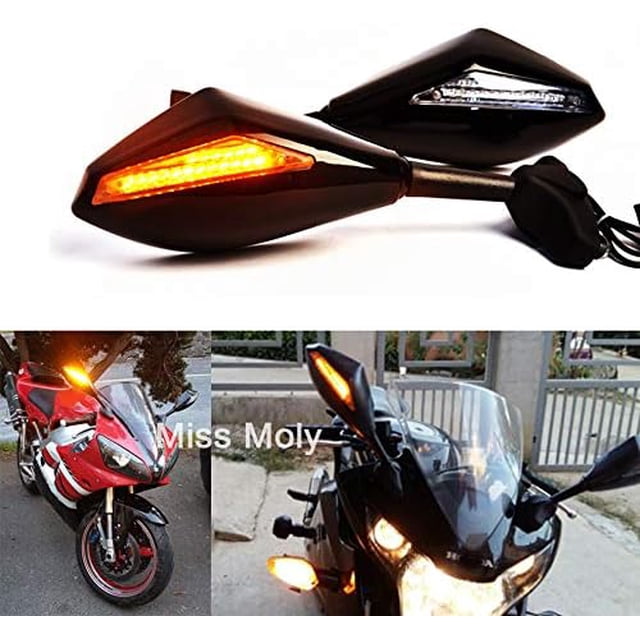 Espejos laterales para motocicleta con indicador de giro LED integrado para motos de carreras deportivas Cbr Gsxr Yzf (negro brillante + lente transparente)