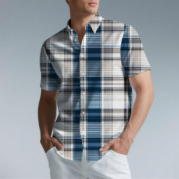 Blusa y camisa de manga corta con cuello vuelto para hombre, camisa informal con botones y estampado a cuadros, de manga corta y solapa.