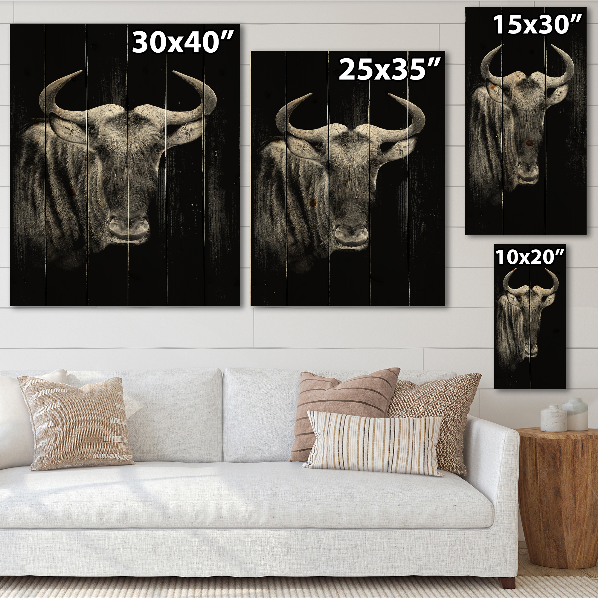 Designart 'Black and White Portrait Of Wildebeest' Farmhouse Print on Natural Pine Wood