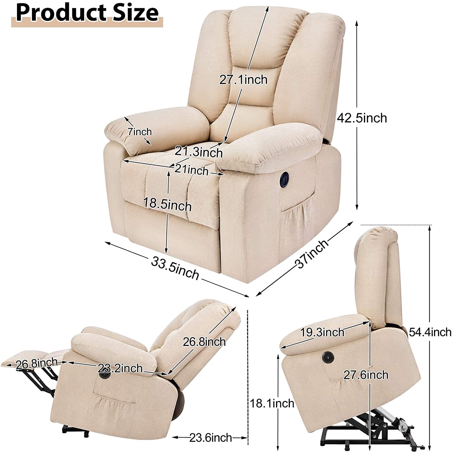 Sunmthink Electric Power Lift Recliner Chair for Elderly, Fabric Sofa  Chairs with Heat and Massage, Remote Control, Home Theater Chair, Light  Camel - Walmart.com