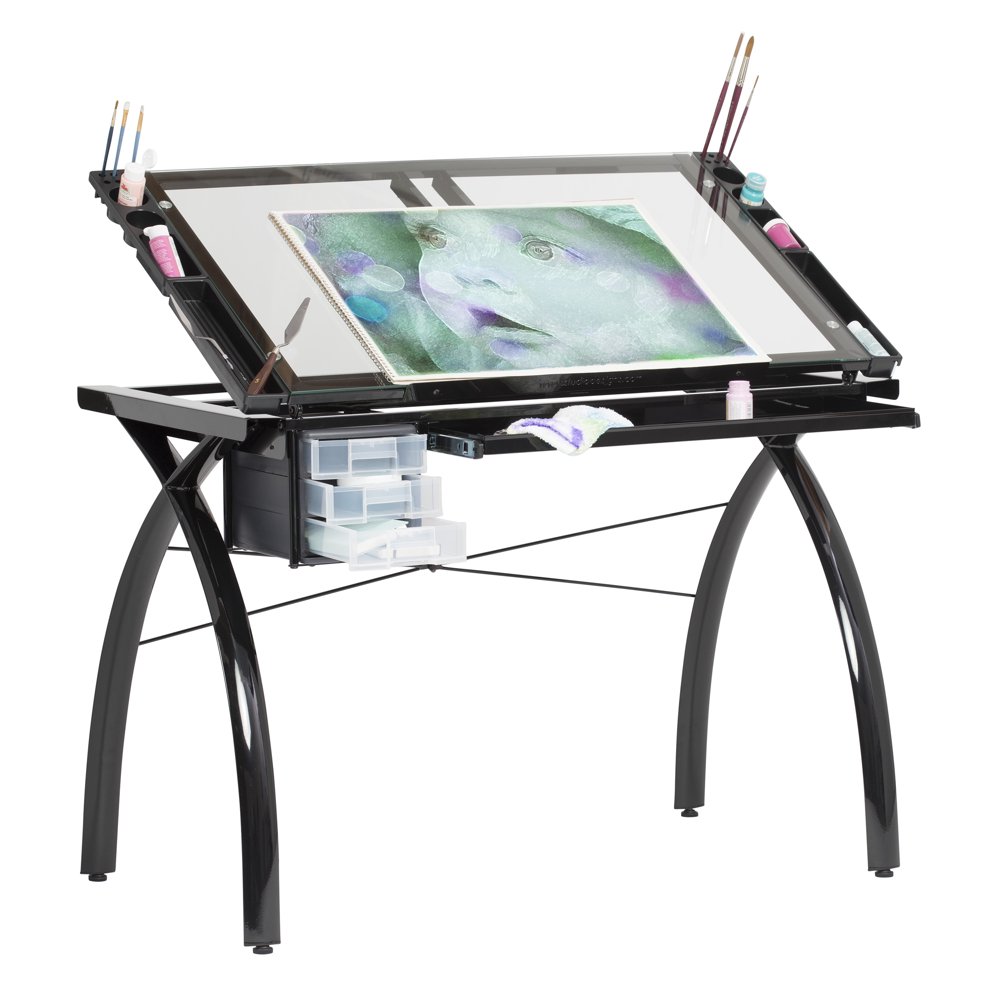 SD Alpha Black Drafting Table with Storage, Clear Glass Top Walmart