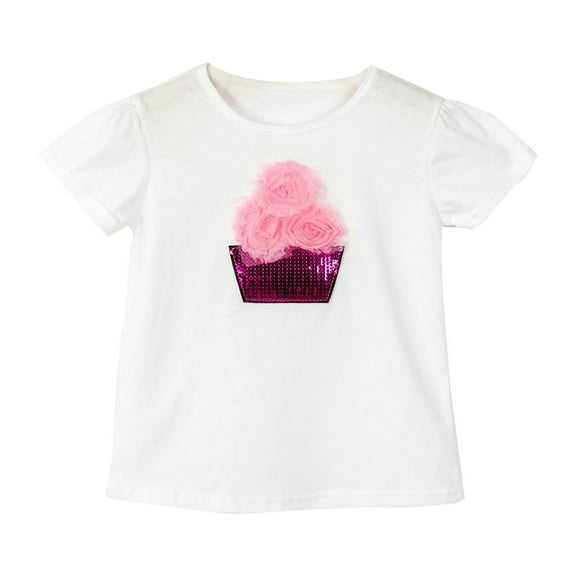 GBSYEWXS Girls Casual T Shirts Tops Kids Toddler Baby Girls Toddler Kids Boys Solid Color Basic Short Sleeve Girls White Stereo Rose Summer Top Sequin Pot Shape Size 6-7 Years