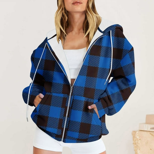 Sudadera con capucha de manga larga para mujer, informal, con capucha, holgada, a cuadros, de manga larga, para otoño e invierno
