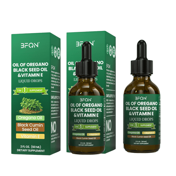 BFQN Organic Oregano Oil Drops with Black Seed Oil & Vitamin E – 80% Carvacrol, Immune & Gut Support, Non-GMO, Vegan, 2-Pack, 480-Day Supply