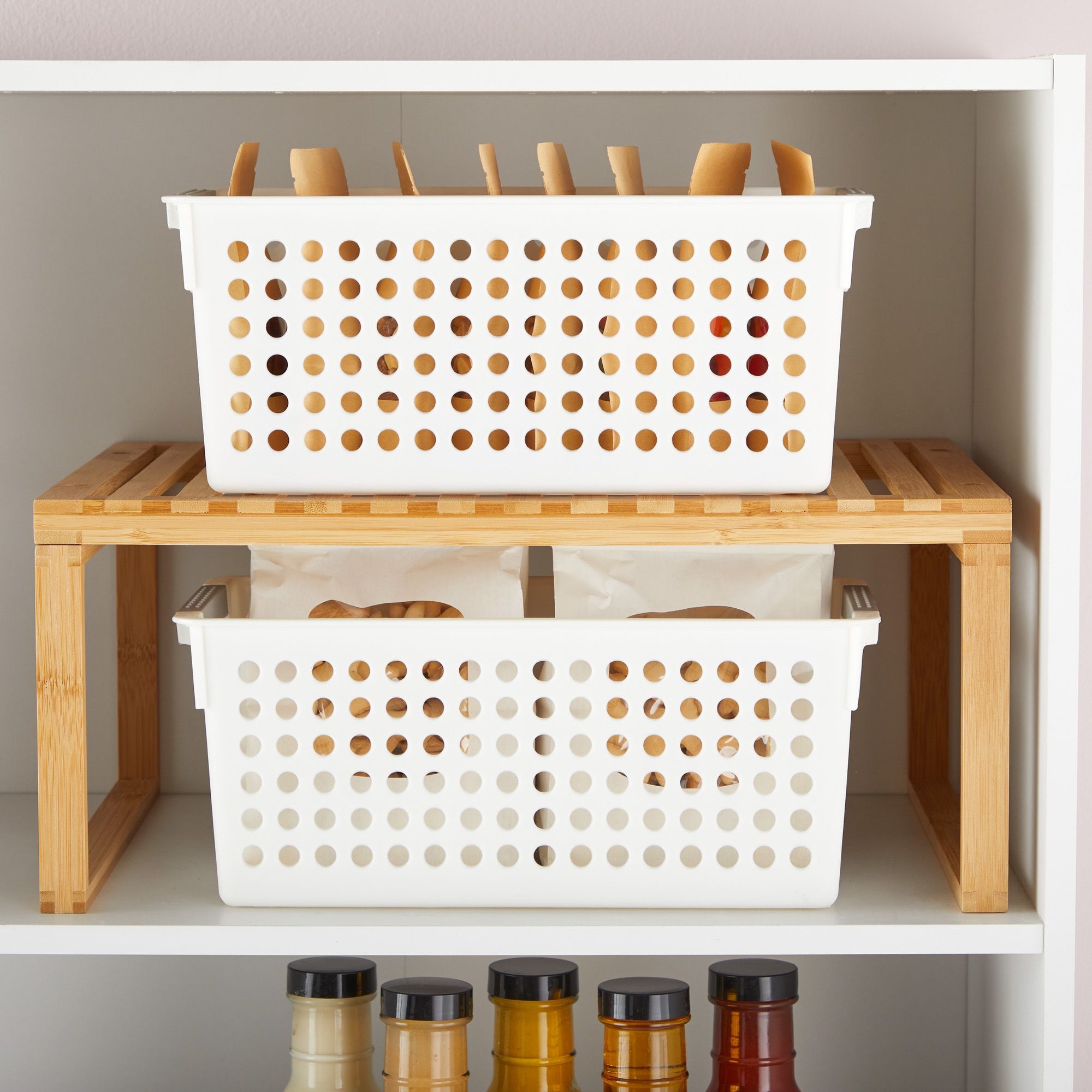 4 Pack White Plastic Baskets with Gray Handles, Narrow Storage Bins for Organizing, Kitchen and Bathroom Shelves, Small Nesting Containers (5 Inch) - image 4 of 10