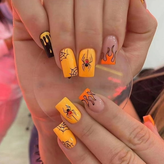Yoyauz 24PCS Square Nail Fake Nail With Halloween Elements Yellow Orange Design Charm Acrylic Nail Halloween Suitable For Girls And Women