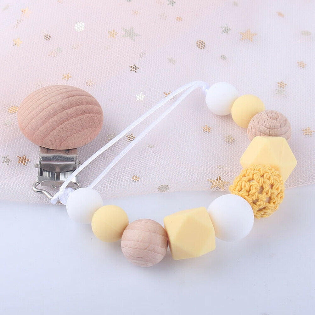 Baby Pacifier Chain Clip Holder Silicone Beads Wood Soother Feeding Teether Chew 