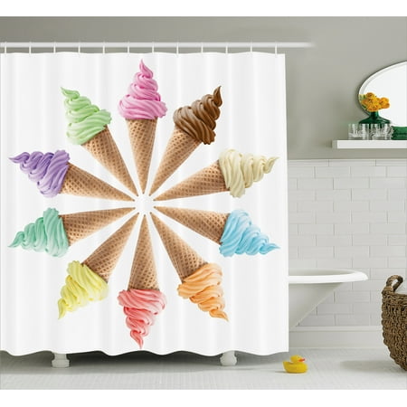 Pictures Ice Cream Cones - Ice Cream Shower Curtain, Cones with Various Flavors Forming a Stylish Row Summer Season Picture Print, Fabric Bathroom Set with Hooks, 69W X 75L Inches Long, Multicolor, by Ambesonne
