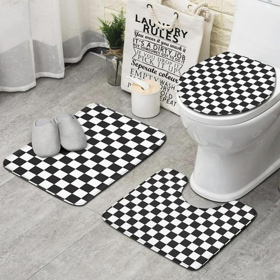 Black and White Checkered Pattern Bathroom Rugs Sets 3 Piece,Toilet Cover Set,Absorbent Non Slip Bathroom Mats Sets with U-Shaped Contour Rug Toilet Rug Set