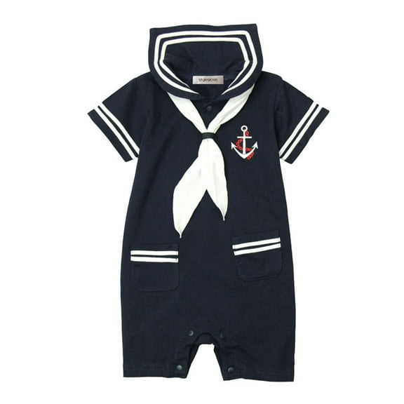StylesILove Baby Boys Marine Sailor Short Sleeve Cotton Romper Onesie with Necktie 2pcs Holiday Outfit (Navy Blue, 6 Months)