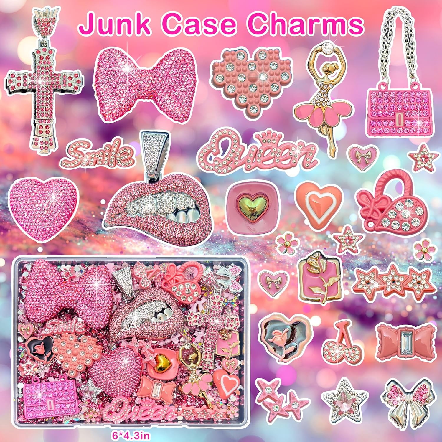 Junk Case Charms Kit, Pink Junks Phones Cases 3D Rhinestone Cool teeth and lips And Bows Chain Bags Hearts And Cross Flowers And Other Bedazzling Kits Can Be Used In DIY Phone Case Designs