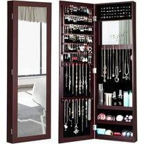RONG-3 Wall Mounted Jewelry Cabinet with Full Length Mirror, Over The Door Jewelry Armoire Organizer with Large Storage, Makeup Mirror & Velvet Lining，Brown