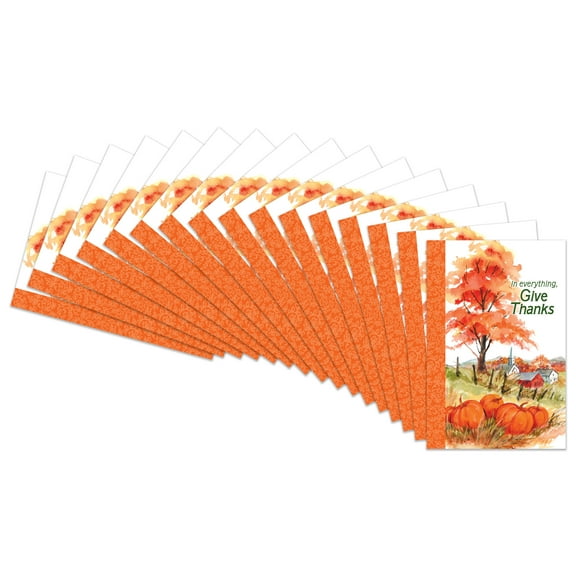Thanksgiving Boxed Greeting Card Multi-Pack Set (4x6) by Fravessi | 16 Cards   17 Envelopes | Fall Church Scene | Orange, White