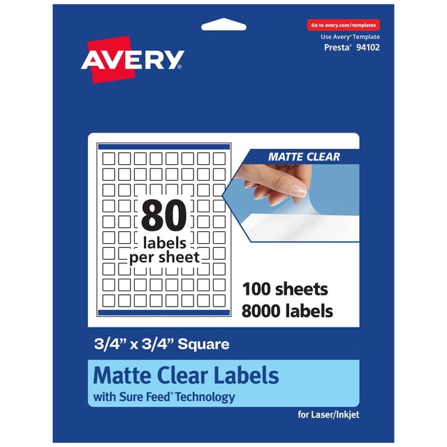 Avery Matte Clear Square Labels with Sure Feed, 3/4" x 3/4", 8,000 Matte Clear Labels, Print-to-The-Edge, Laser/Inkjet Printable Labels