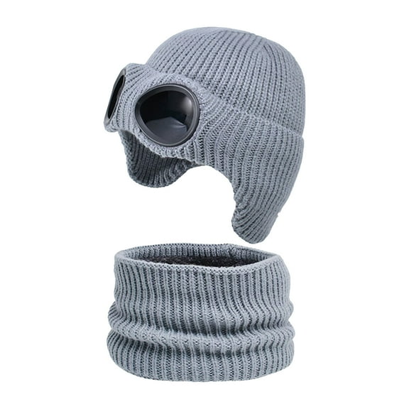 YWOAGH Winter Hat and Scarf Set for Kids with Glasses Flannel Lined Knitted Cap with Ear Protection Grey One Size