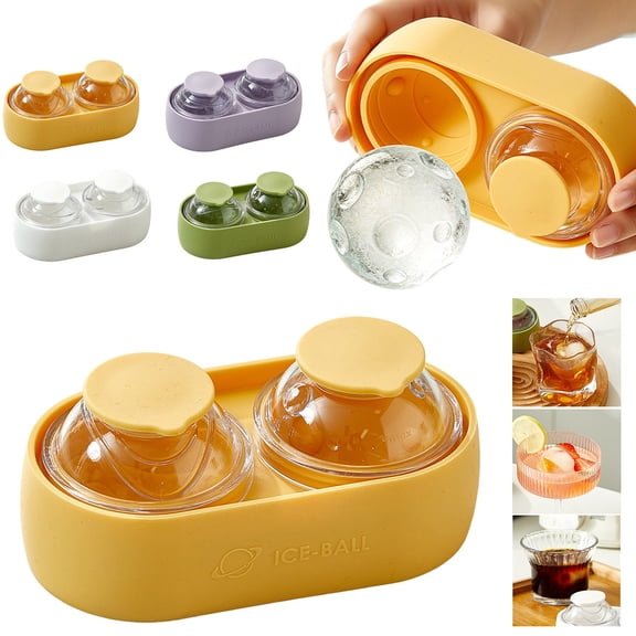 Dailihome Green Silicone Ice Ball Mold, 2 Cavity Planet Shape Sphere Round Ice Maker Tray with Lid for Whiskey Cocktails, Reusable Freezing Tool, 5.35x2.87 in