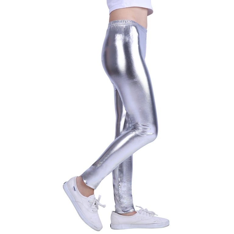 HDE Girls Shiny Wet Look Leggings Kids Liquid Metallic Footless Tights  (Green, 7/8)