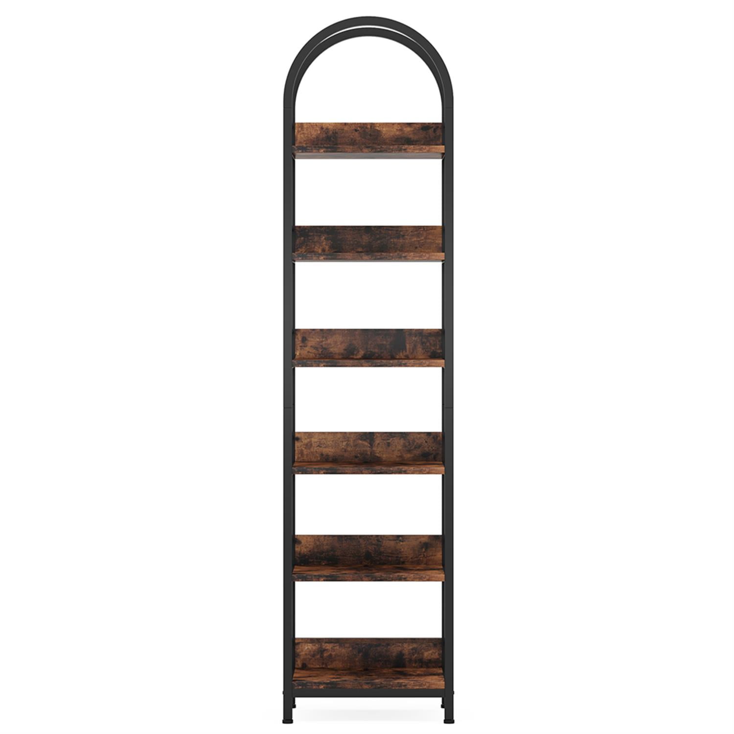 Demi Bonn 6 Tier Narrow Bookshelf, Wood and Metal Bookcase Storage Organizer, Arched Display Standing Shelf Unit for Bedroom, Living Room, Brown