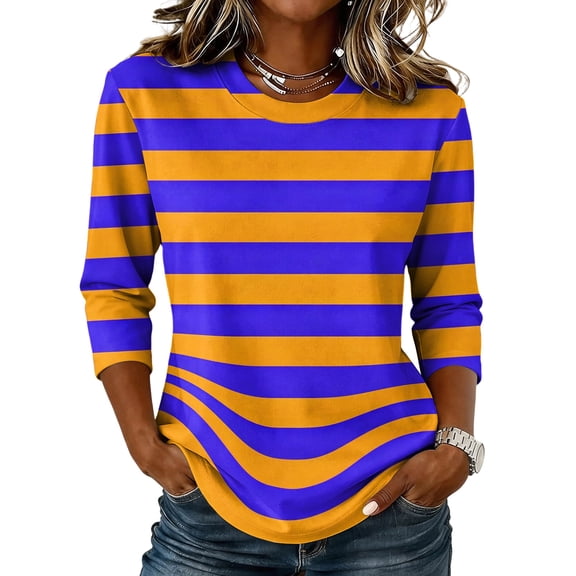 JULMCOMO Shirts for Women Striped Crew Neck 3/4 Sleeve Trendy Loose Fit T Shirts Color Block Casual Comfy Tunic Tops Royal Blue XL