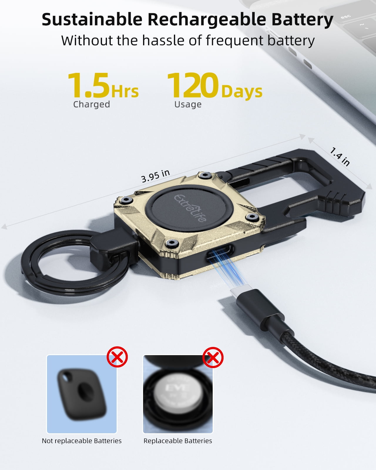 Extrelife Keychain Tracker, Men's Key Chain Words with Find My, Heavy Duty Keychain Carabiner Car Key Chains, Anti-Lost Tracker with Keyrings, Rechargeable & Waterproof