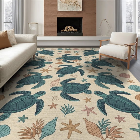 ODIKA 8'x10' Washable Area Rug Turtle Ocean Starfish Border Entry Themed Teal Beachy Nautical Flowing Dynamic for Living Room, Under Sectional, Family , Durable, Non-Slip