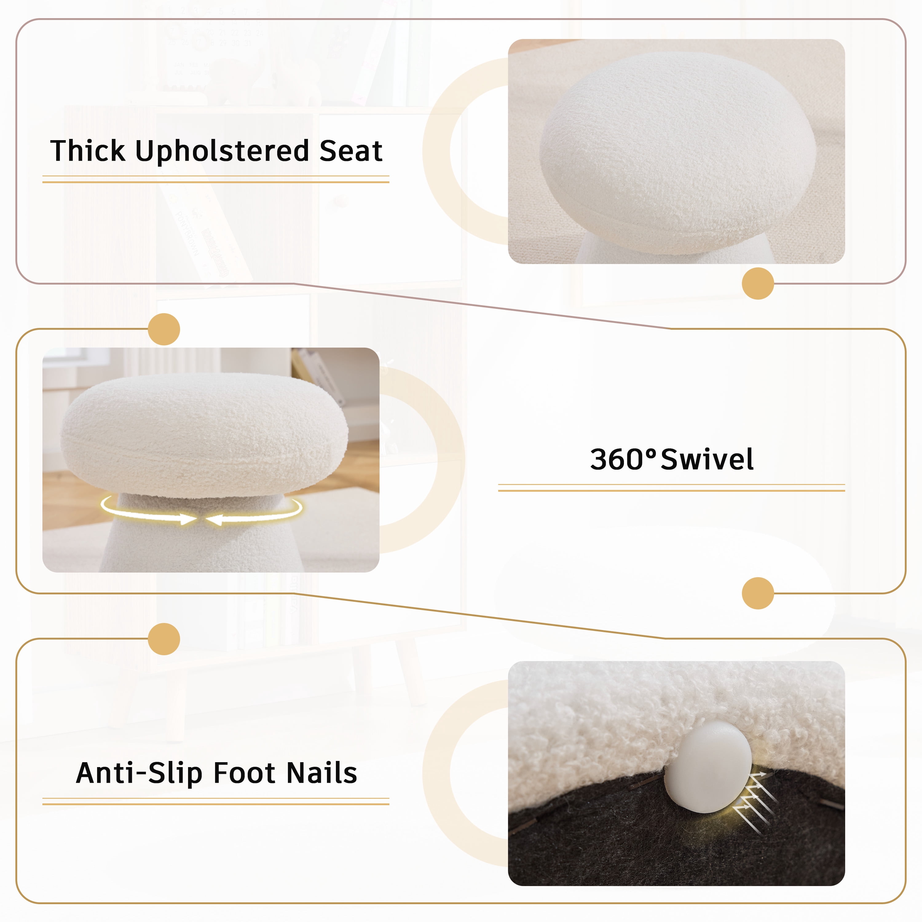 Teddy Fabric Mushroom-Shaped Ottoman with 360-Degree Swivel, Soft-Padded Footstool and Shoe-Changing Stool for Bedroom, White