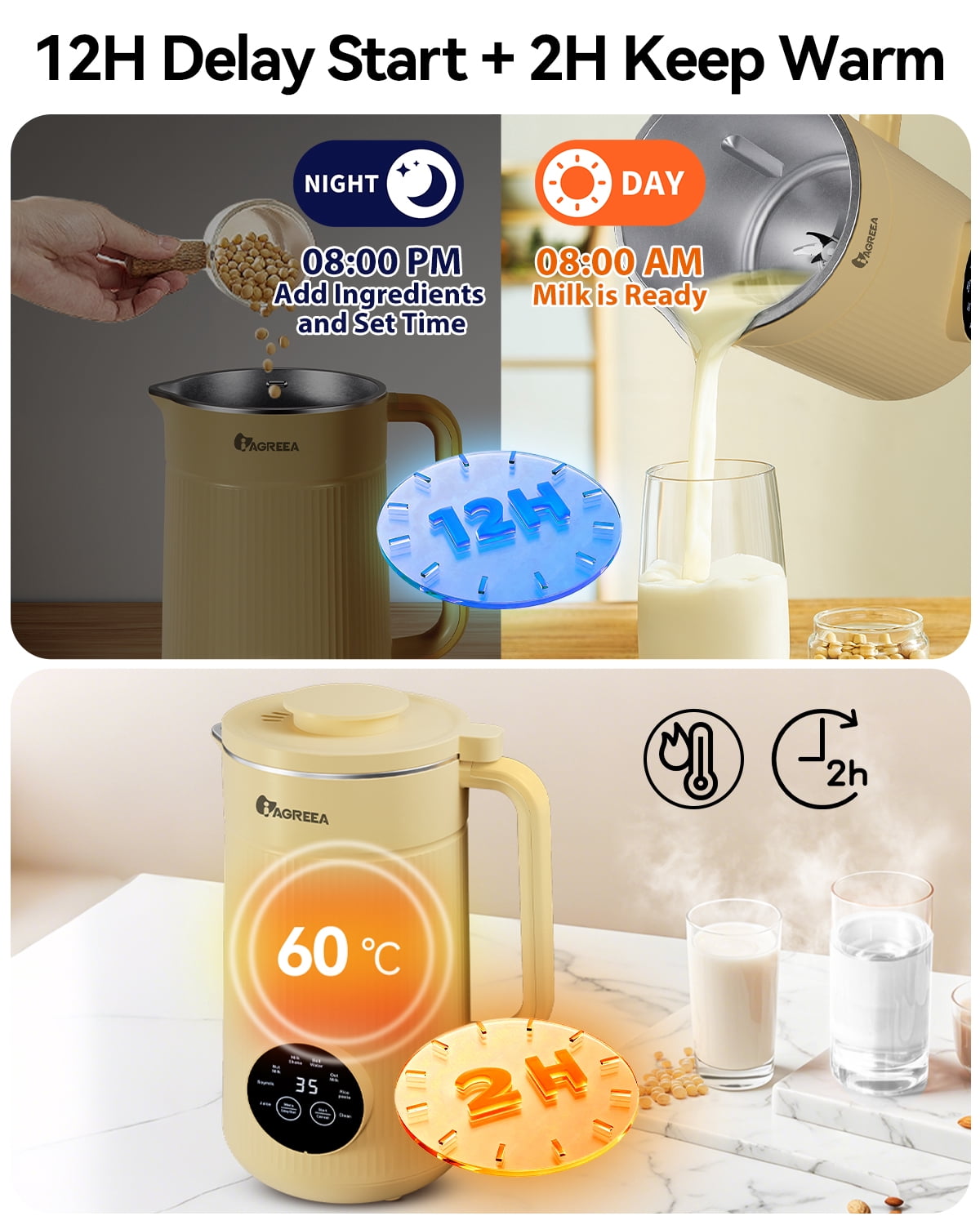 IAGREEA 8 in1 Automatic Nut Milk Maker Machine, 35oz Almond Milk Maker Machine for Homemade Milkshake, Almond, Plant-Based, BPA Free Electric Blender for Baby Food With Delay start/Self Clean, juicer