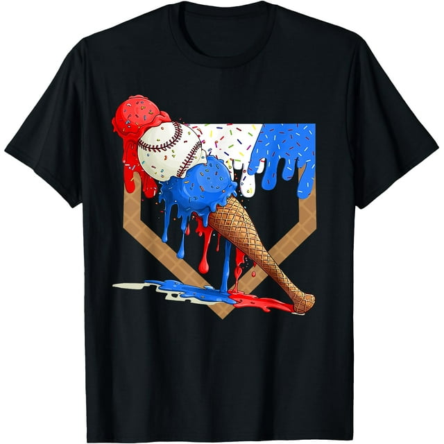T-Shirt Garçon 4 Juillet Rouge Blanc et Bleu Baseball Crème Glacée Goutte à Goutte - Blanc - m