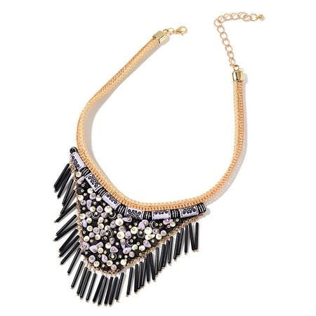 Tribal Design Pendant - Black Chroma Goldtone Fabric V-Shape Fringe Tribal Fashion Collar Pendant Necklace 16-20