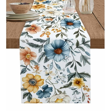 

Table Runner Dresser Scarves 36 Inch Long Watercolor Blooming Flower on White Linen Dining Table Runners Spring Floral Leaves Tabletop Scarf for Wedding Holiday Party Kitchen