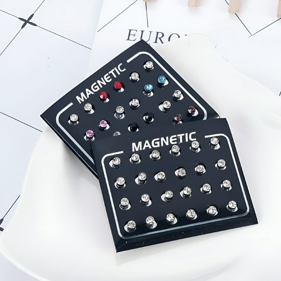 DESIGNICE 12 Pairs/Set Unisex Rhinestone Inlaid Magnetic Stud Earrings Non-Piercing Jewelry