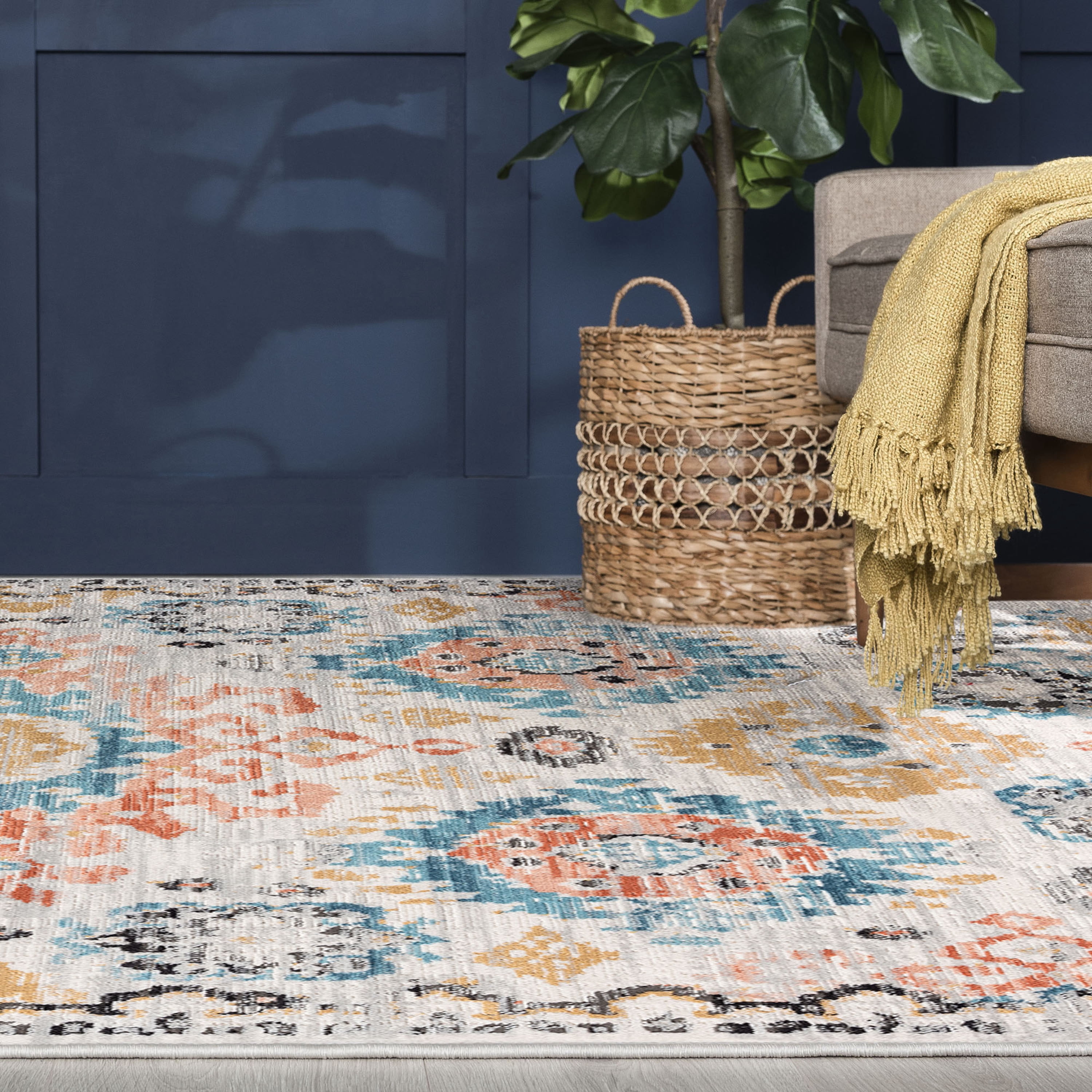 Anabel Traditional 8' x 10' Aqua and Peach Polypropylene & Polyester Indoor Area Rug