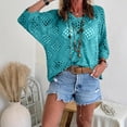 thumbnail image 2 of Crochet Coverups for Women Long Sleeve Knit Cover Up Top Hollow Out Boho Summer Beachy Crocheted Tops Blue S, 2 of 7