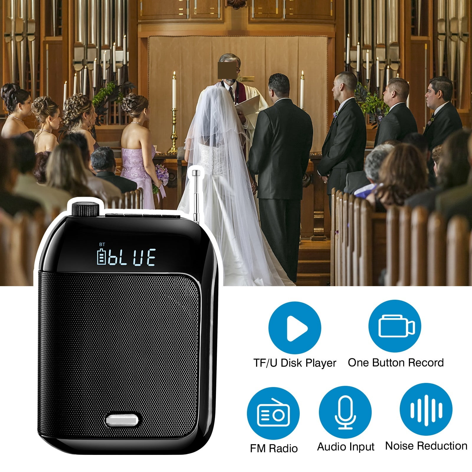 Megaphone UHF Wireless Blue-tooth Speaker 15W Cordless Voice Amplifier Loudspeaker 7.4V FM Radio ,Wide Coverage Area