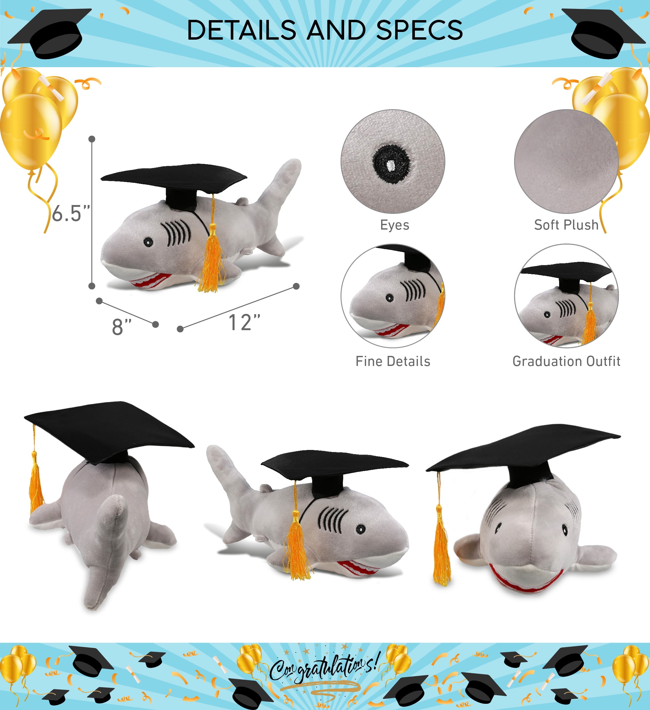 DolliBu Gray Shark Graduation Plush Toy - Baby Soft Plush Graduation Stuffed Animal Dress Up with Graduation Cap with Tassel Outfit - Congratulatory Graduation Gift - 12 Inches