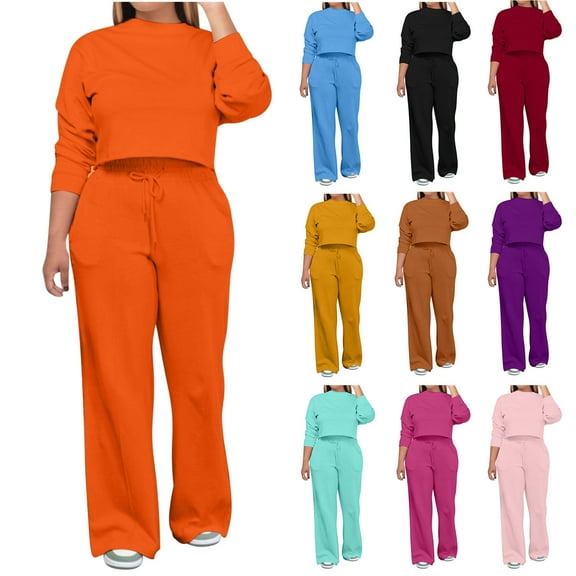 Ashirexll Two Piece Sets for Women, Outfits for Women, Casual Solid Colorting Round Neck Long Sleeve Hooded Top and Pants Set Suit